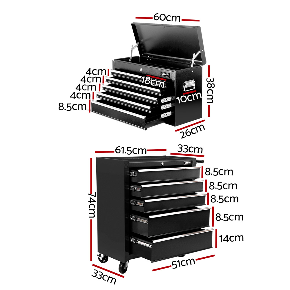 Giantz 14 Drawer Tool Box Cabinet Chest Mechanic Garage Storage Trolley Black - Image 2