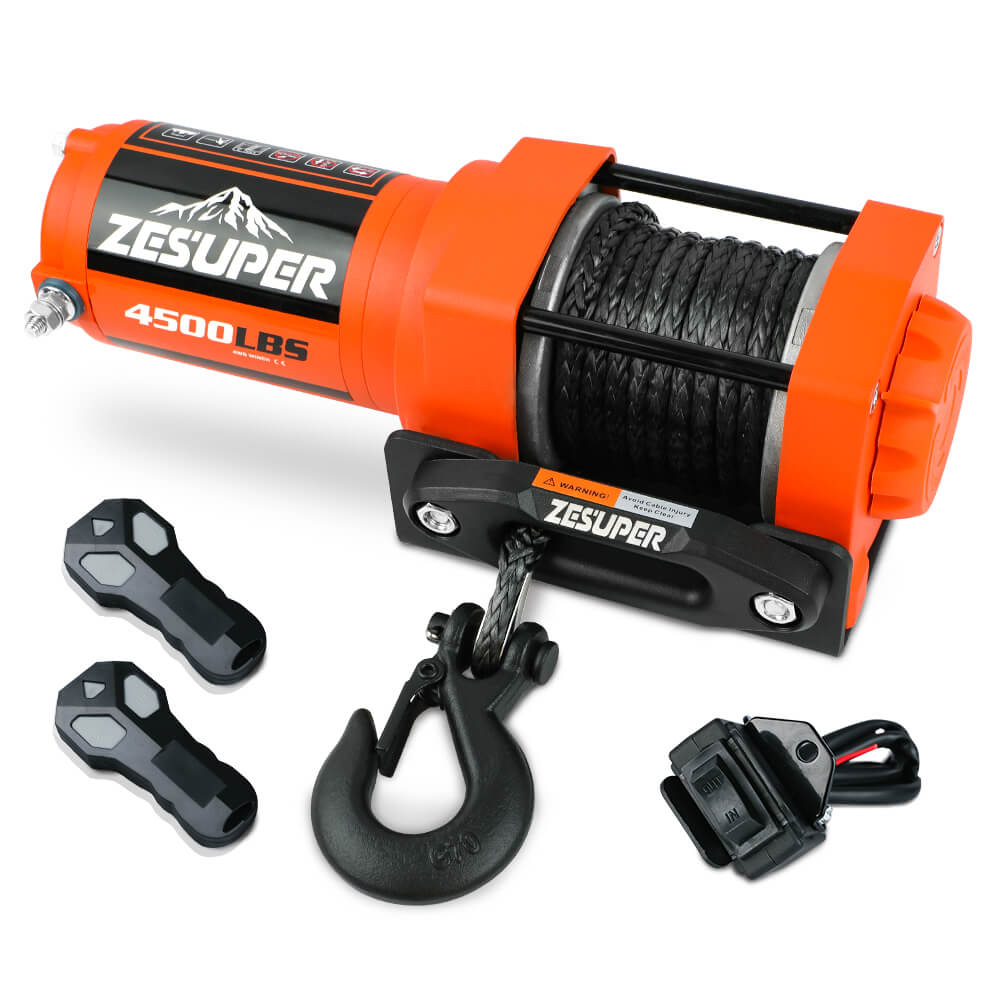 4500lb Electric Winch 12V Synthetic Rope Wireless RemoteX2 ATV Winch Kit Boat Winch UTV 4WD Orange