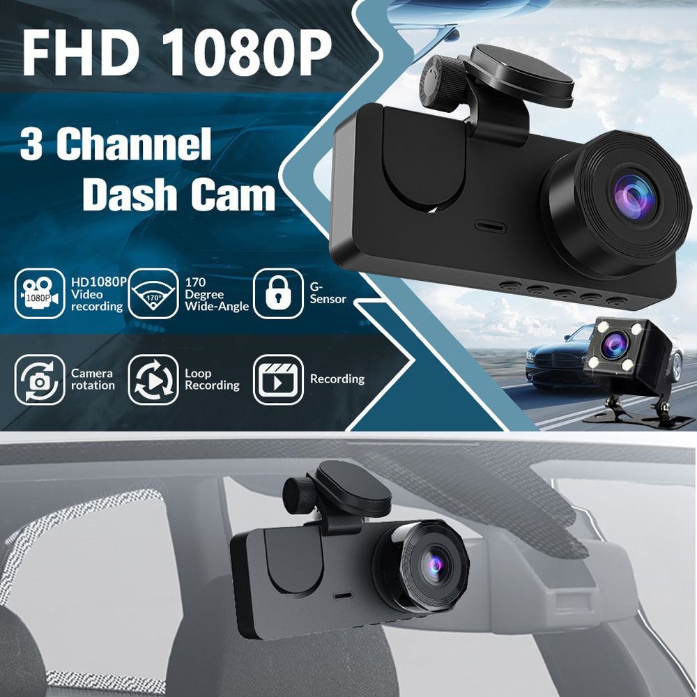 3 Channel Car DVR HD 1080P Vehicle Dash Cam Three Way Camera DVRs Recorder with 32 GB Card - Image 2