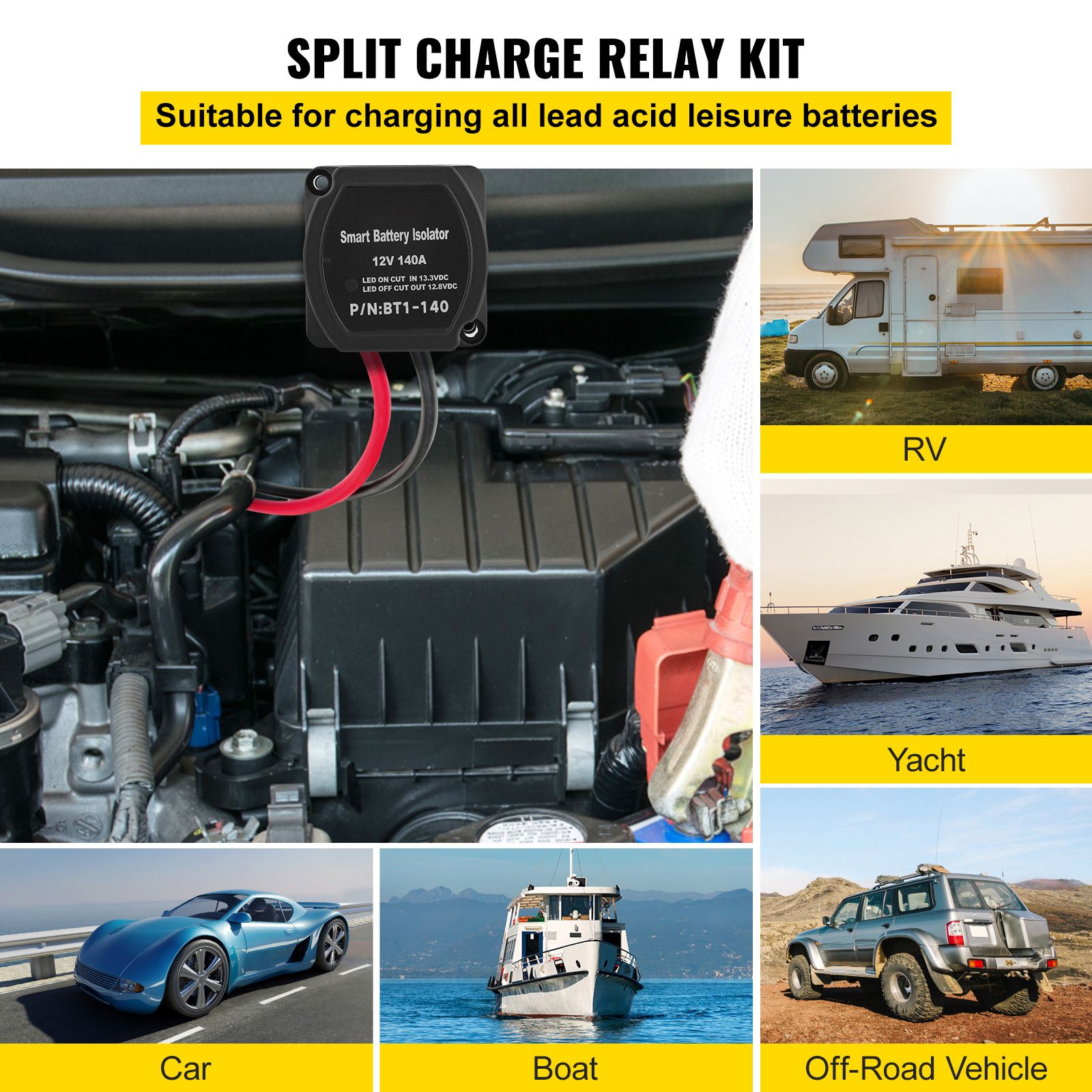 Split Charge Relay Kit, 6mtr, Automatic Dual Battery Isolator Kit with 140AMP Voltage Sense Relay VSR, Compatible with RV Marine Car Vehicle Truck Caravan Camper Yacht ATV UTV Boats Workshop - Image 2
